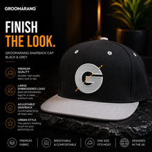 Load image into Gallery viewer, Groomarang Snapback Cap With Large Embroidered Logo - Black with Grey