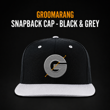 Load image into Gallery viewer, Groomarang Snapback Cap With Large Embroidered Logo - Black with Grey