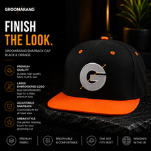 Load image into Gallery viewer, Groomarang Snapback Cap With Large Embroidered Logo - Black &amp; Orange