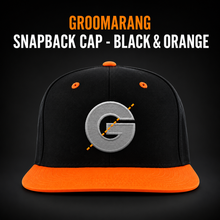 Load image into Gallery viewer, Groomarang Snapback Cap With Large Embroidered Logo - Black &amp; Orange